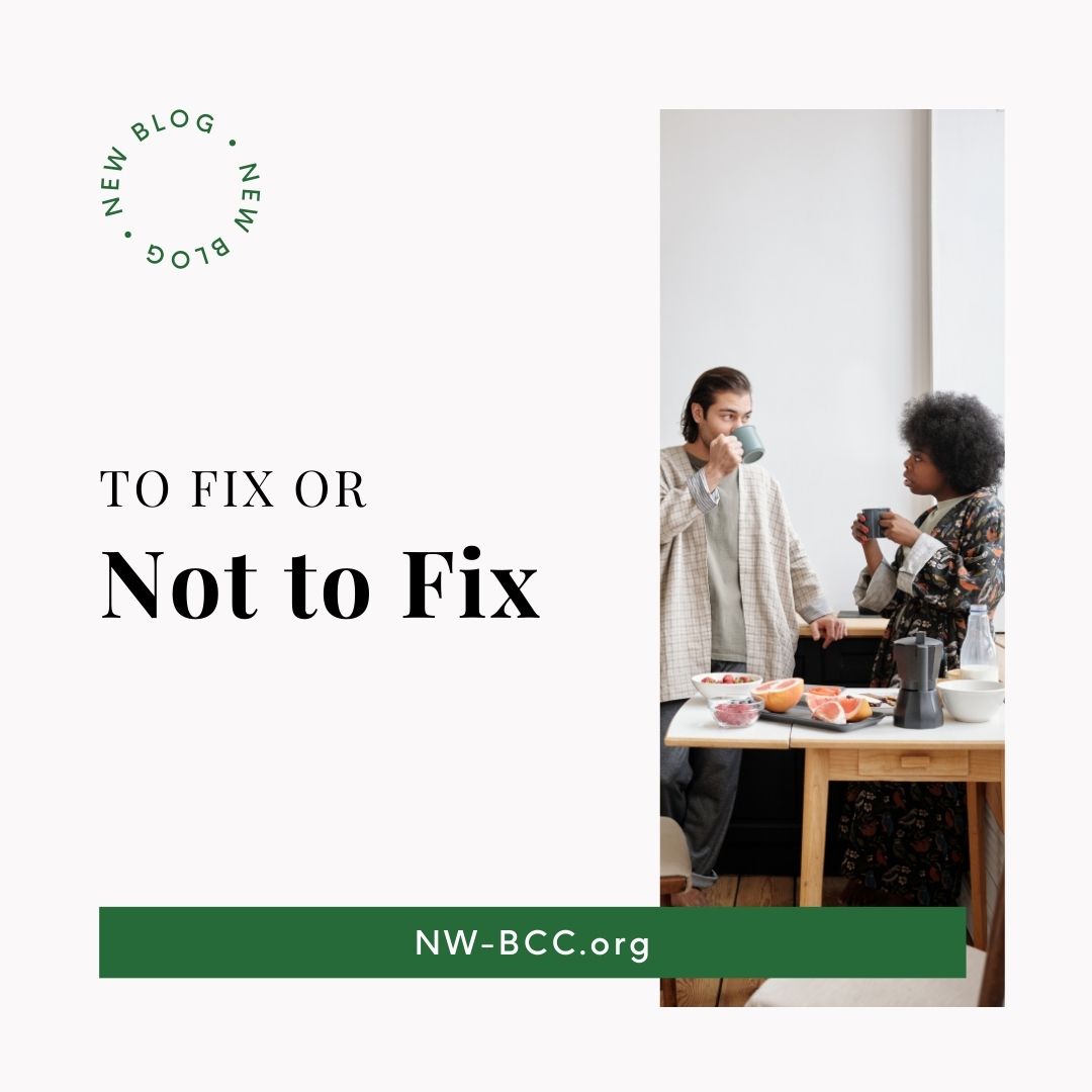 New blog post titled "to fix or not to fix" with photo of mixed race couple talking on the right of the graphic.