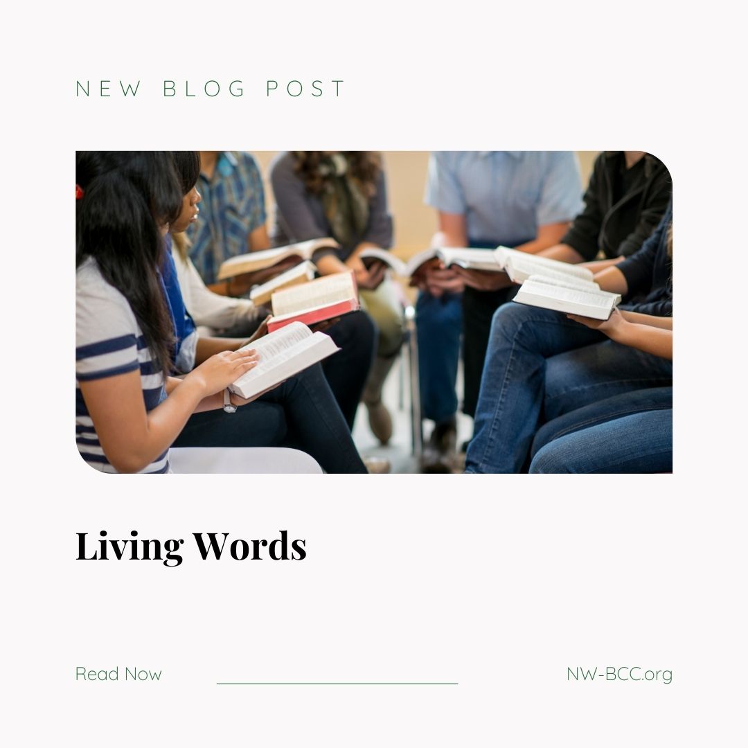 New blog post "Living Words" with image of diverse group reading the Bible together seated in a circle.