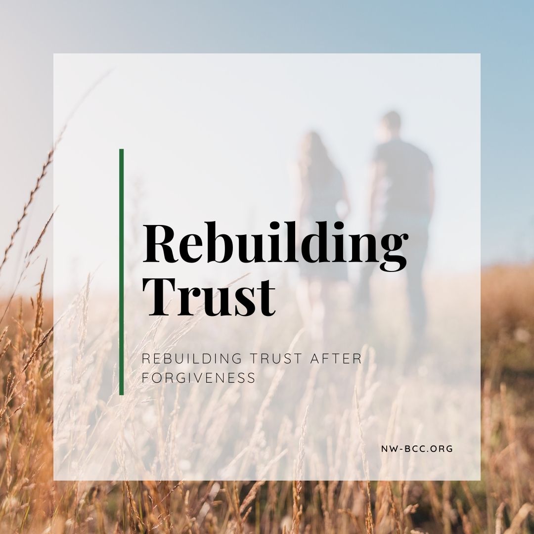 New blog post called "Rebuilding Trust - Rebuilding Trust after forgiveness" with image of couple walking in brown grass field in the background.
